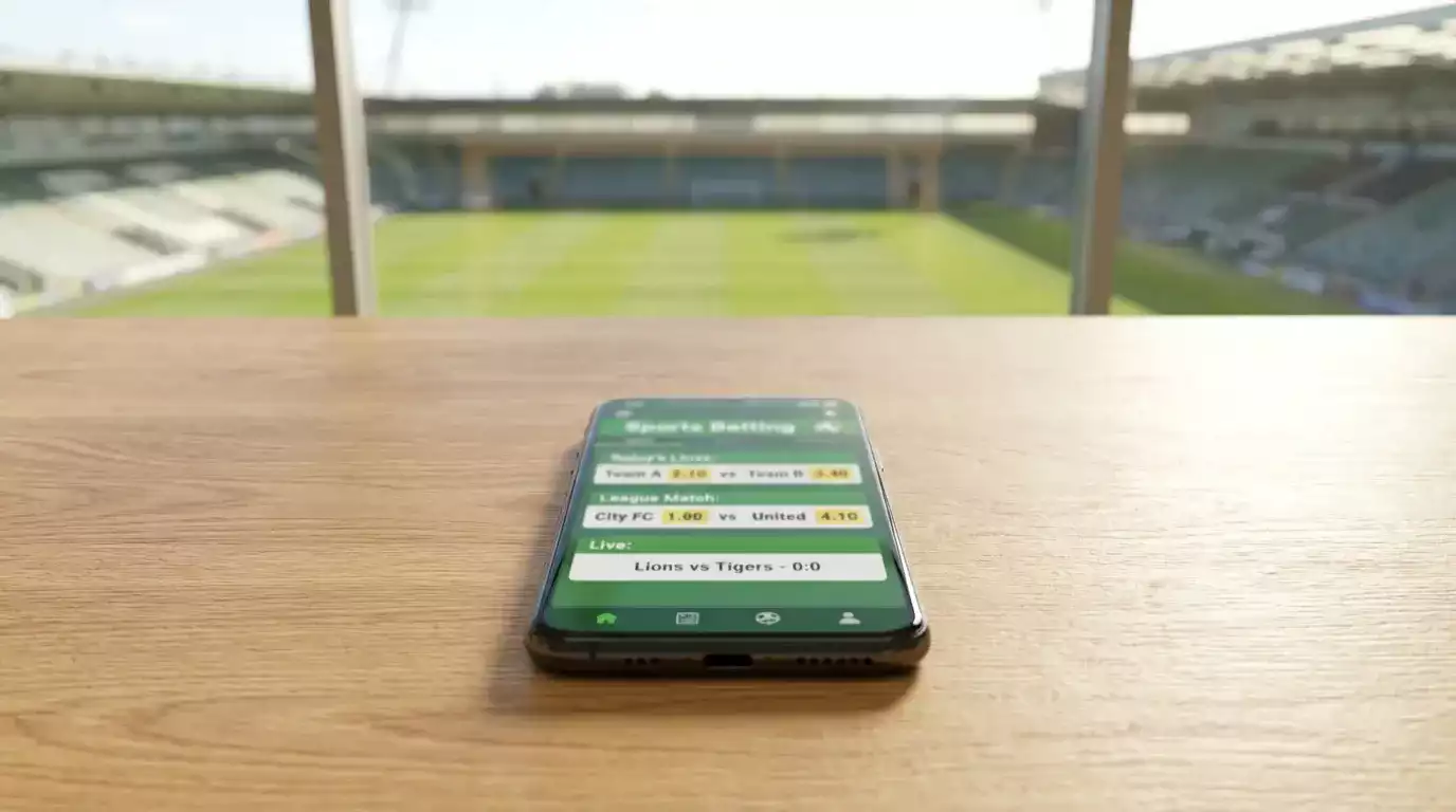 Smartphone appoggiato su un tavolo con schermata di scommesse sportive e stadio sullo sfondo