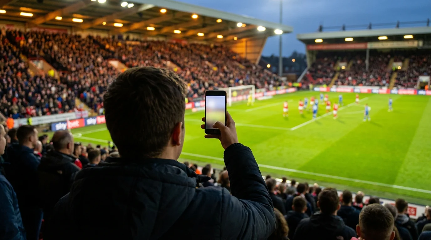 Tifoso allo stadio che guarda il campo da calcio dalla tribuna con smartphone in mano