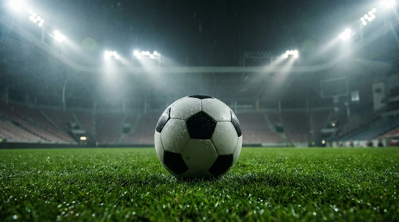 Pallone da calcio su un campo in erba con riflettori accesi e atmosfera serale