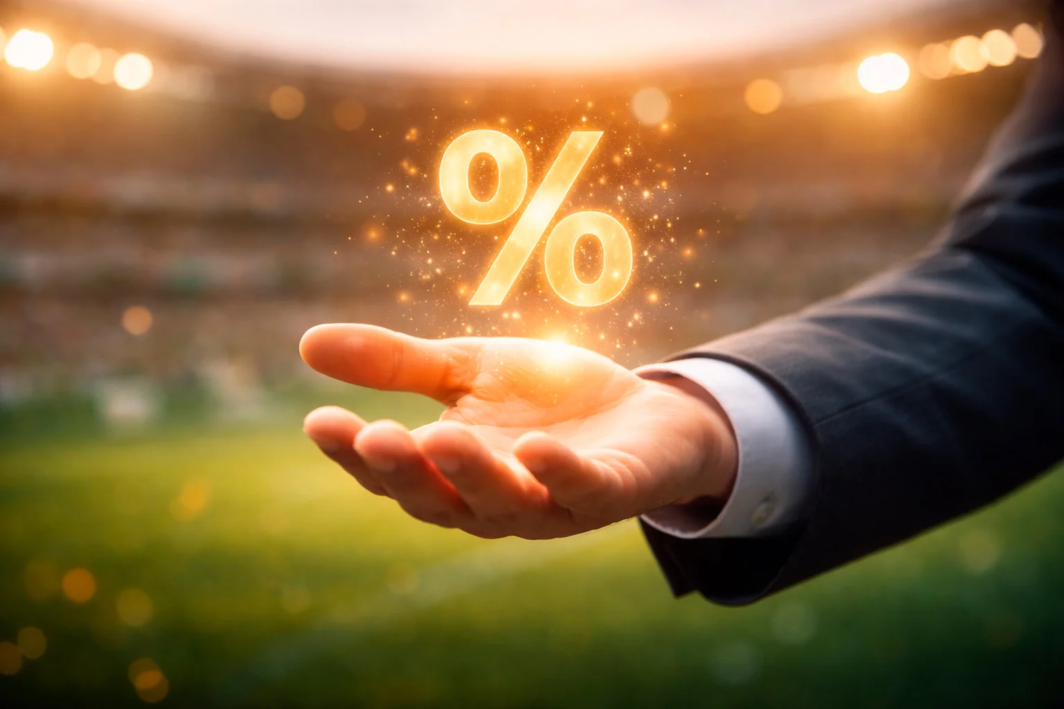 Mano che riceve simbolo bonus con percentuale su sfondo verde stadio