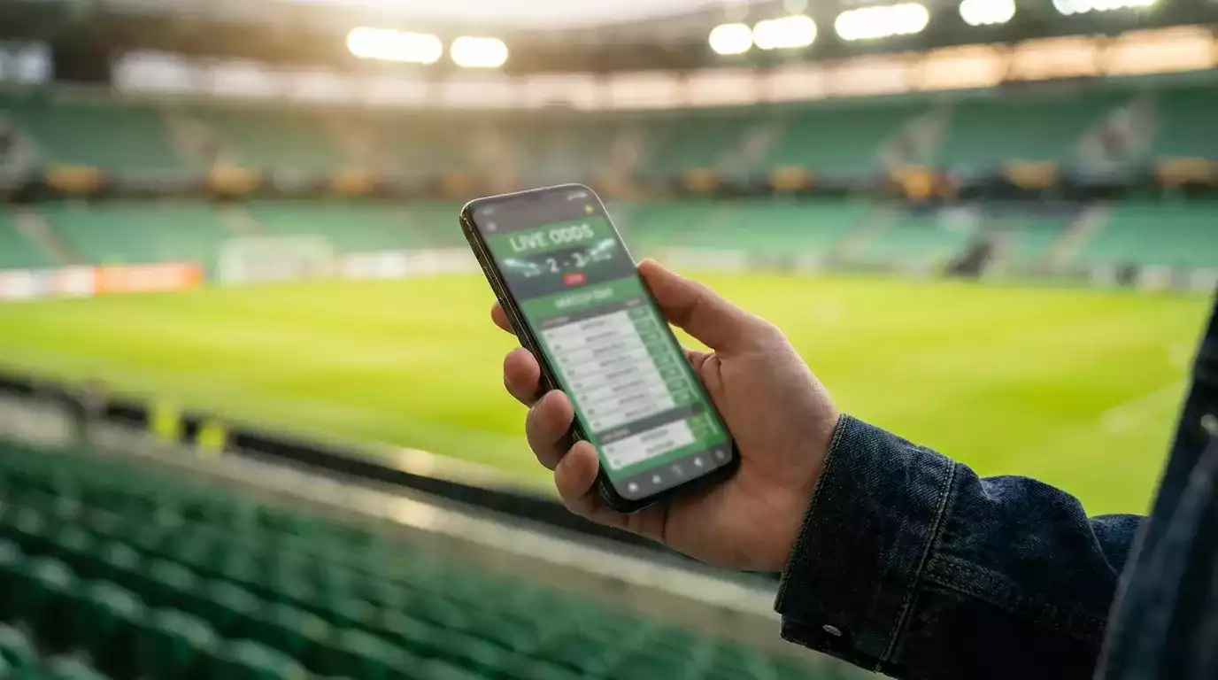 Mano che tiene uno smartphone con schermata di scommesse sportive in uno stadio di calcio