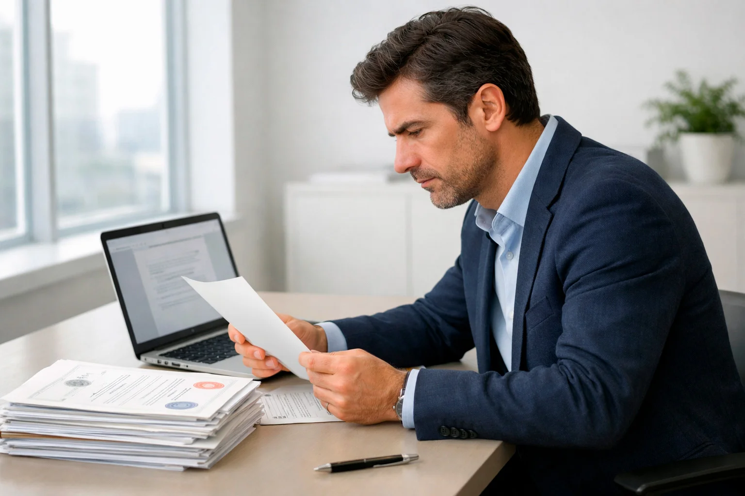 Professionista che analizza documenti di licenza ADM su laptop in ufficio moderno