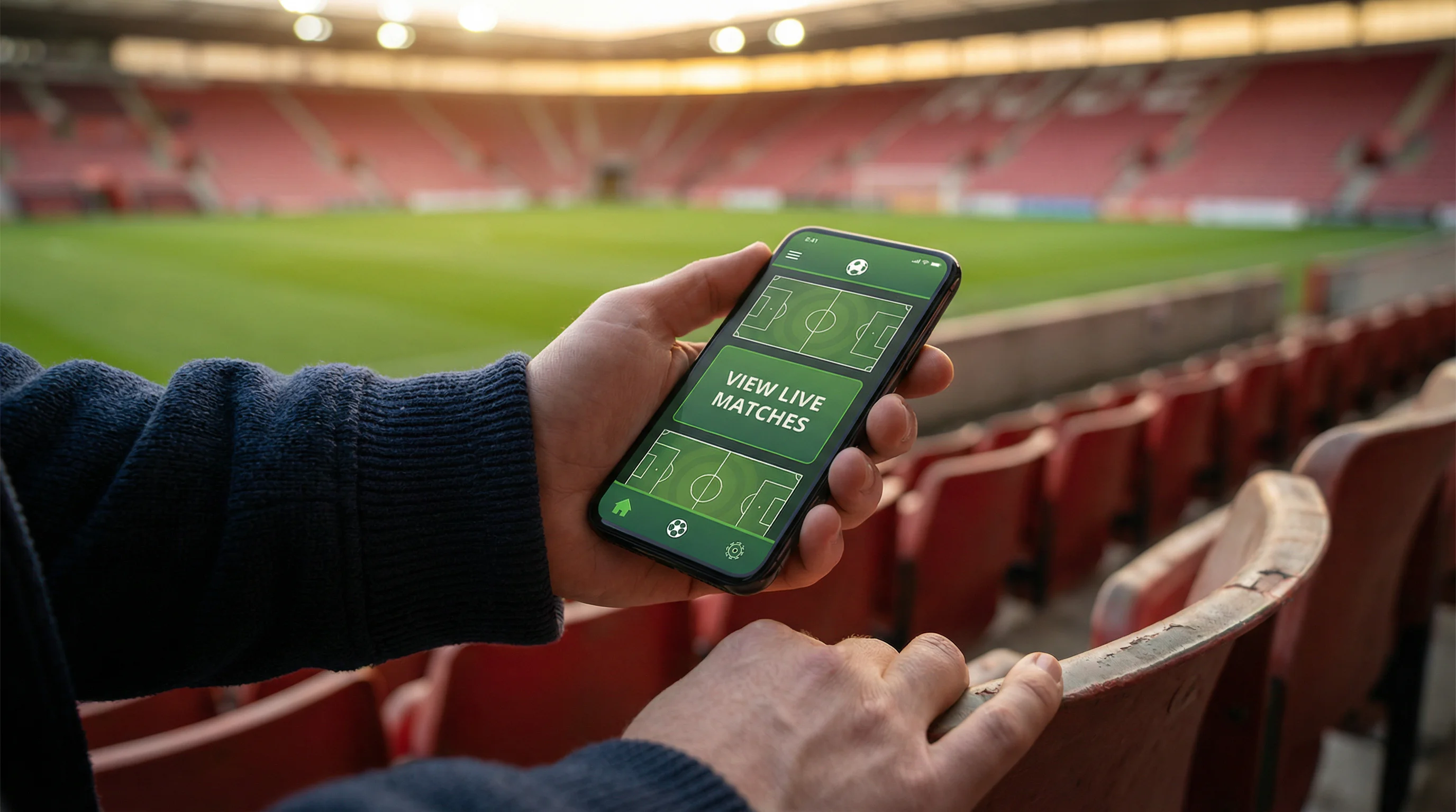 Mano che tiene uno smartphone davanti a un campo da calcio durante una partita serale