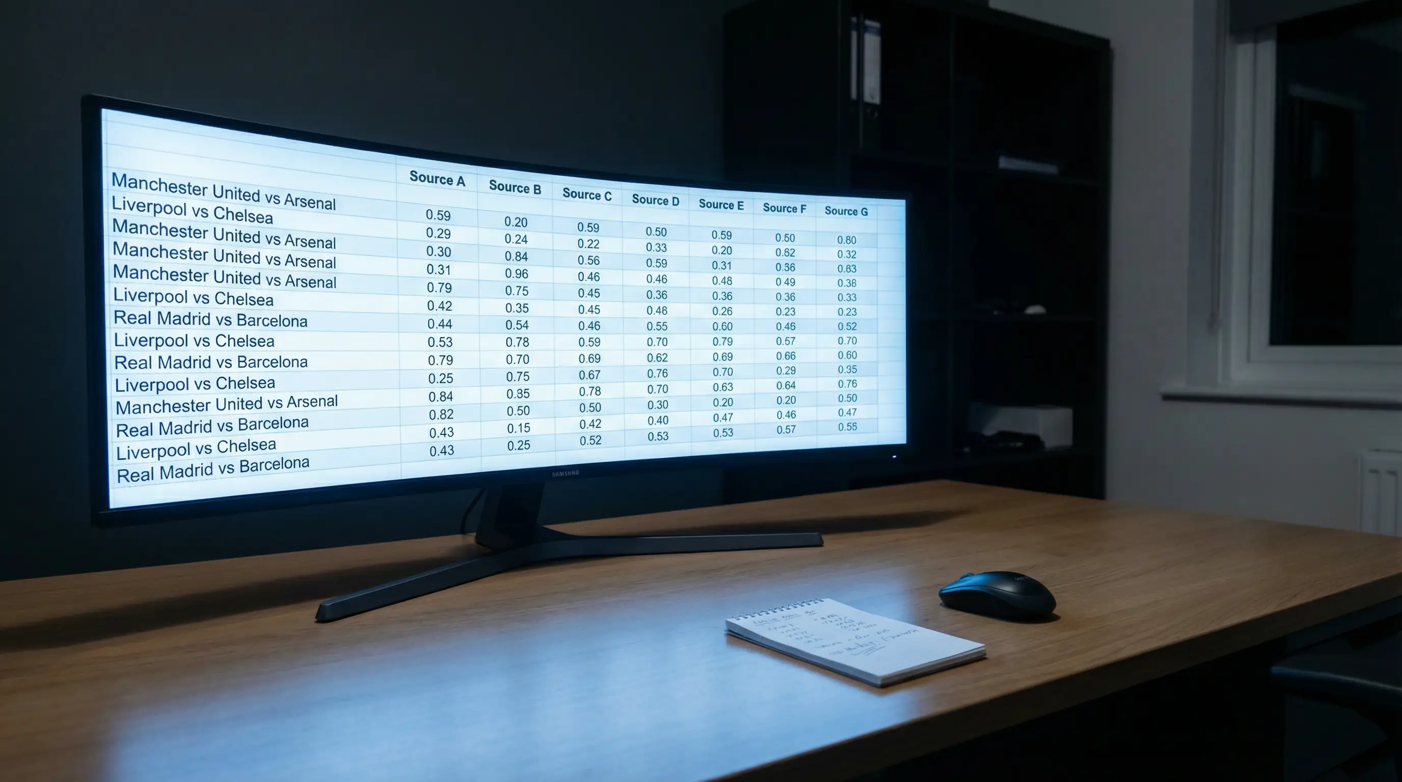 Schermo di computer con tabella di quote calcistiche di diversi bookmaker