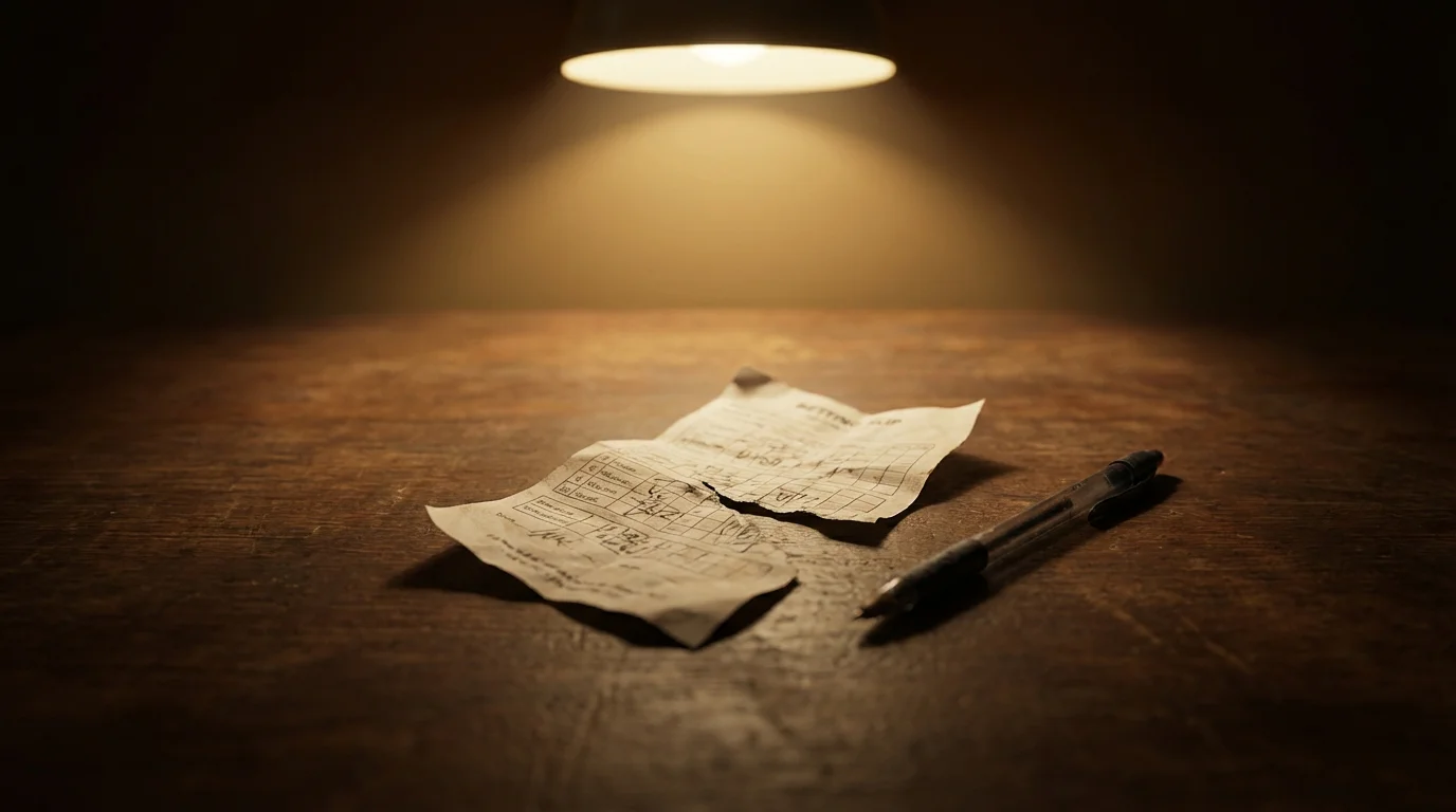 Schedina di scommesse accartocciata su un tavolo con una penna accanto