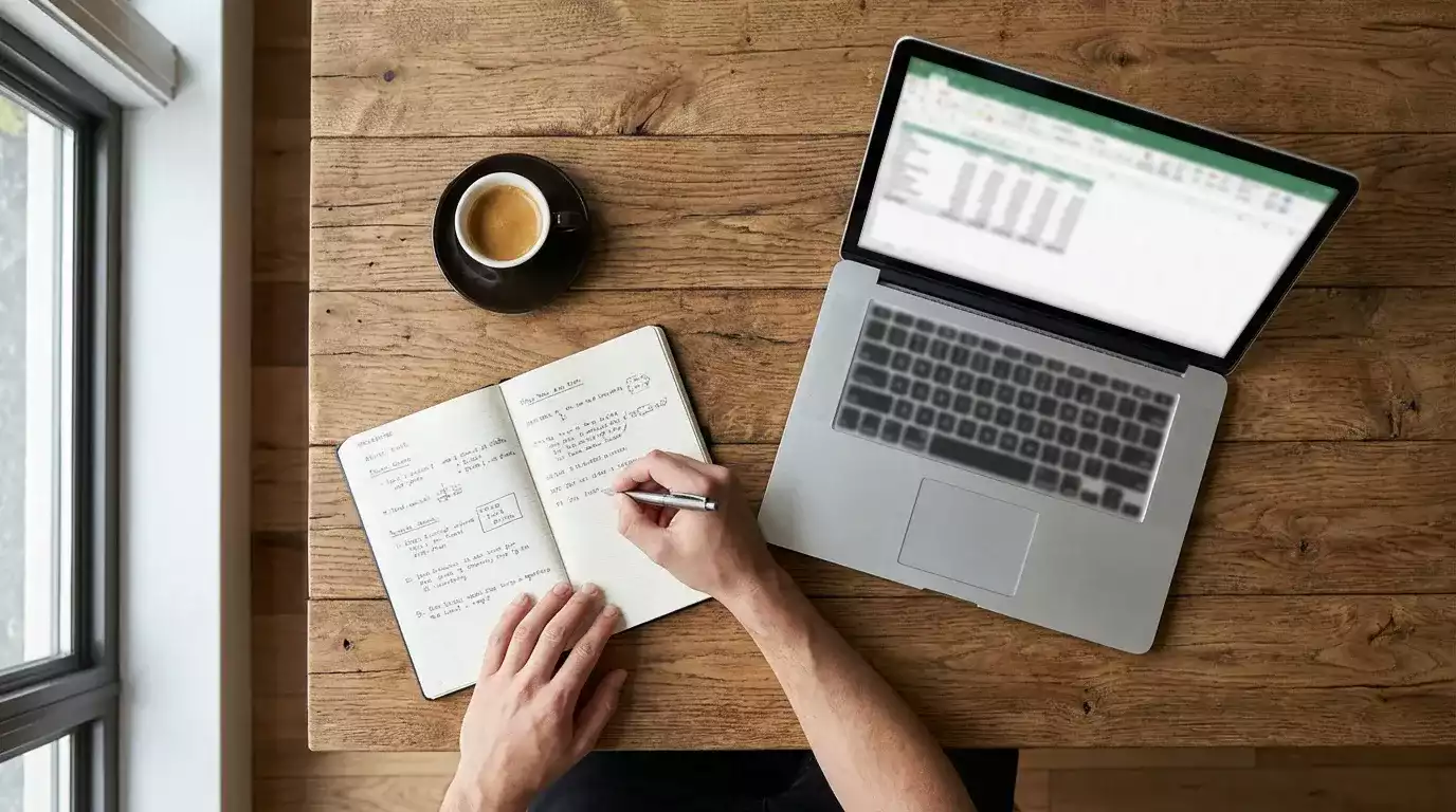 Persona che annota risultati su un quaderno accanto a un laptop su una scrivania ordinata
