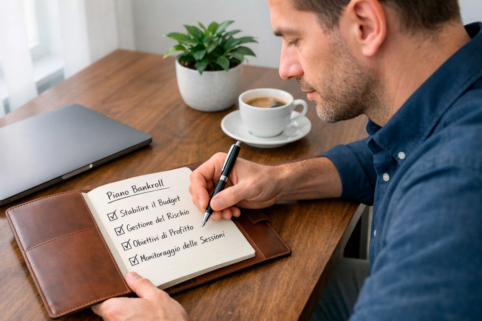 Persona che pianifica budget scommesse con taccuino e penna su scrivania ordinata