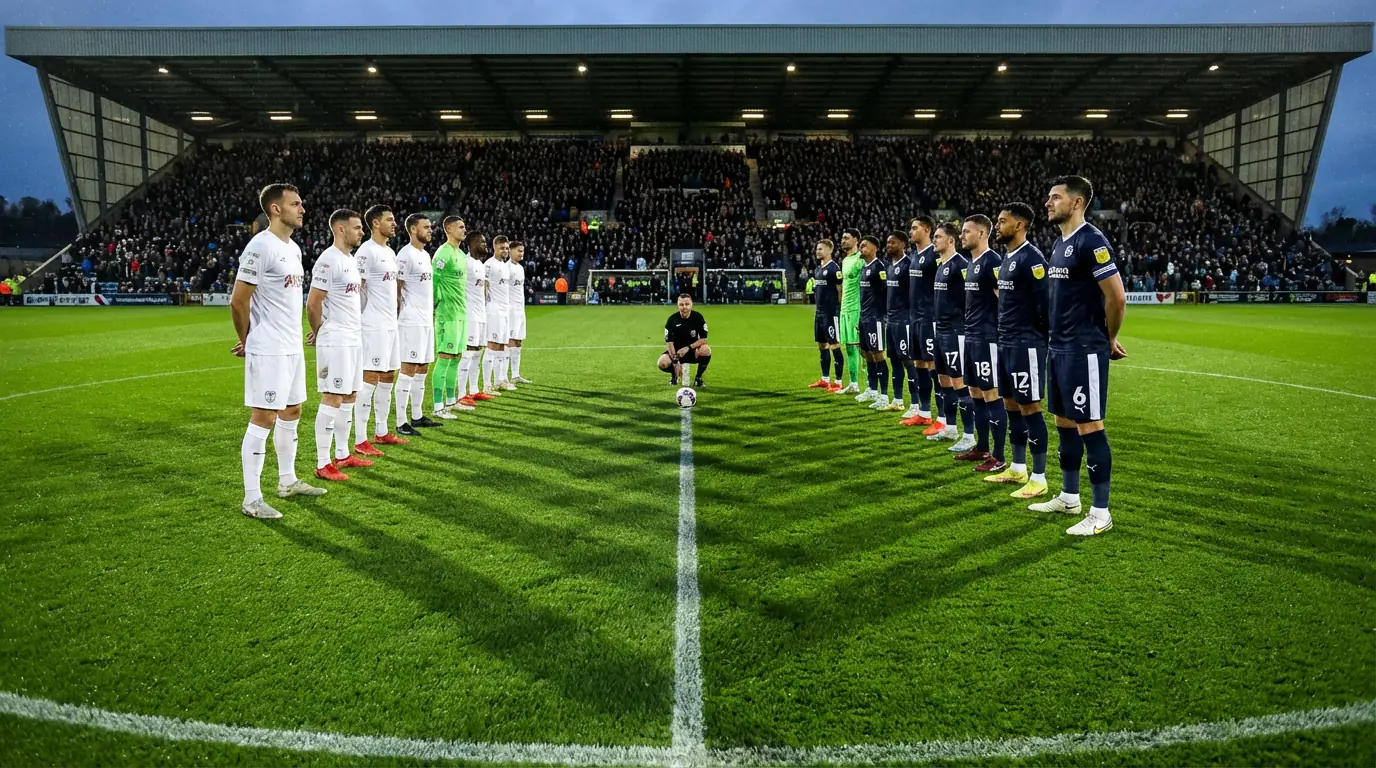 Due squadre di calcio schierate a centrocampo su un prato verde prima del fischio d'inizio