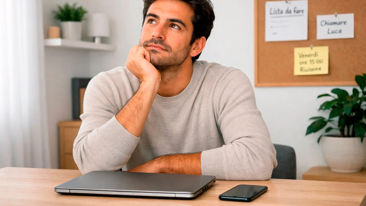 Persona pensierosa che valuta opzioni seduta alla scrivania