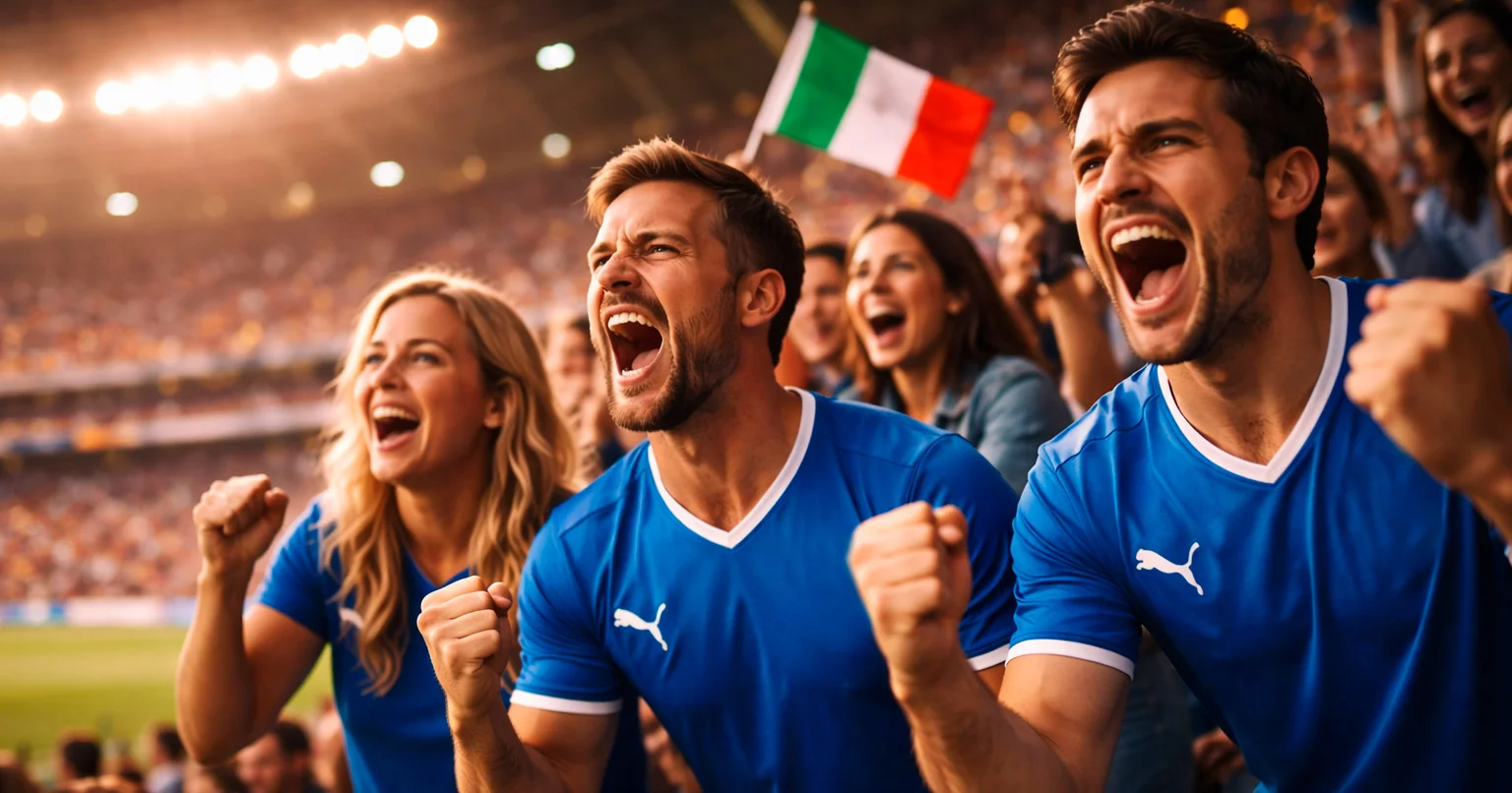 Tifosi italiani che guardano una partita di calcio in uno stadio moderno