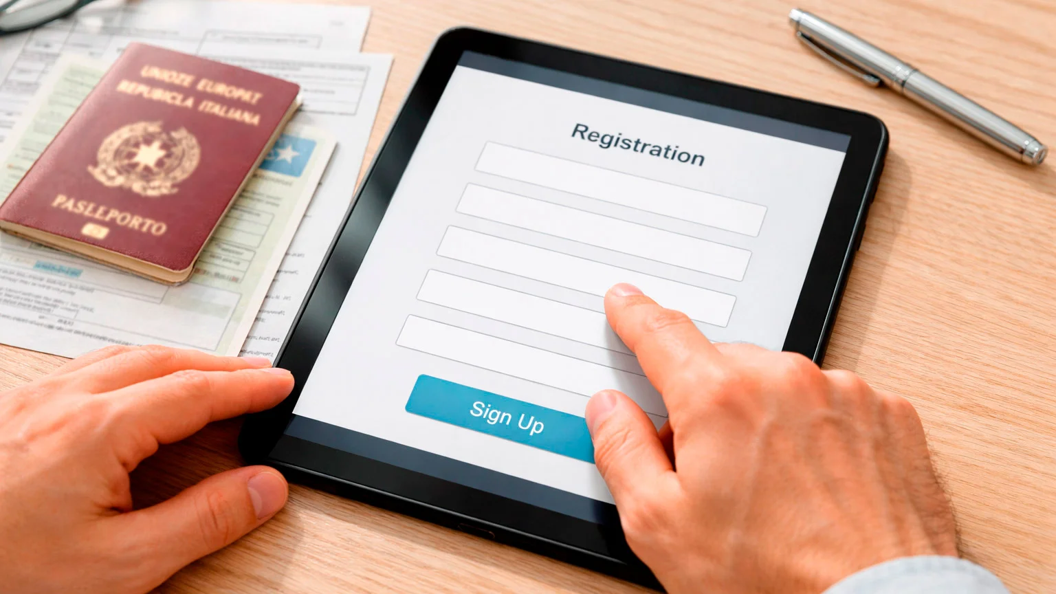 Mani che compilano un modulo di registrazione su tablet