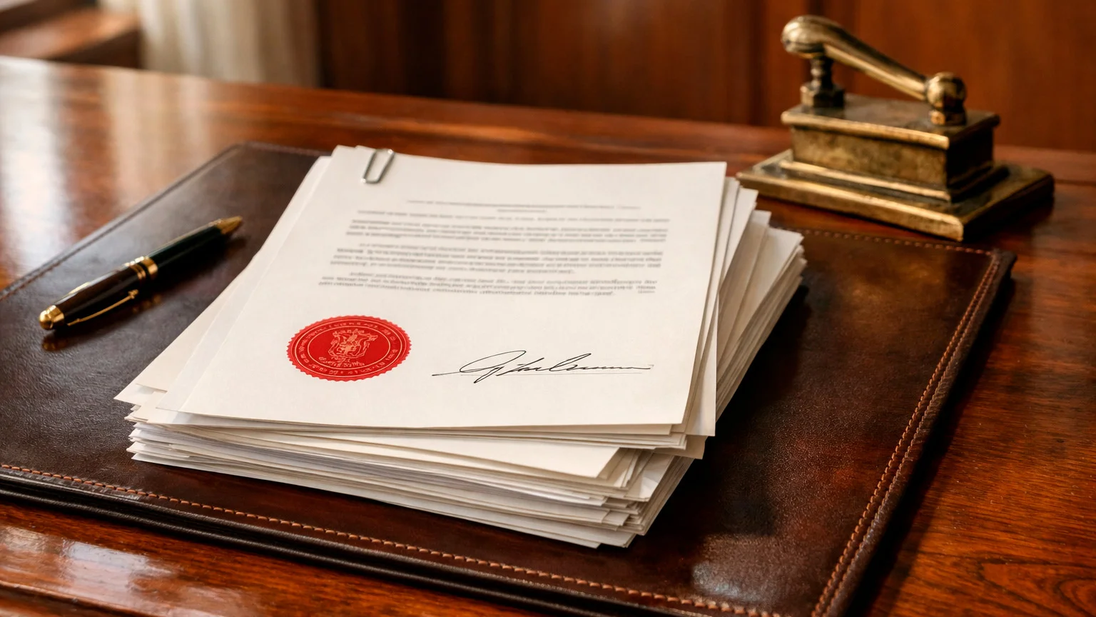 Documento ufficiale con timbro e firma su scrivania professionale