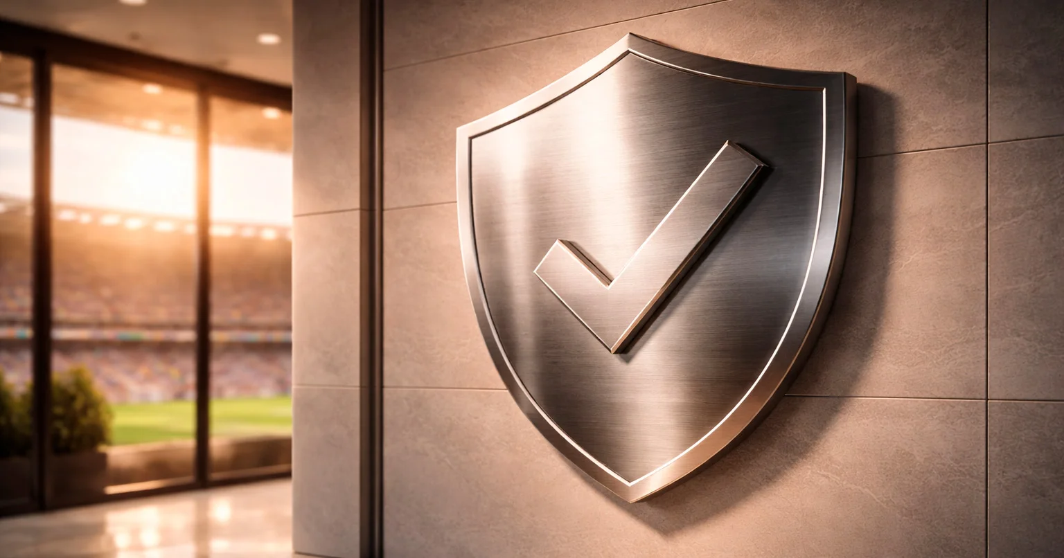 Simbolo di scudo protettivo su sfondo di stadio di calcio