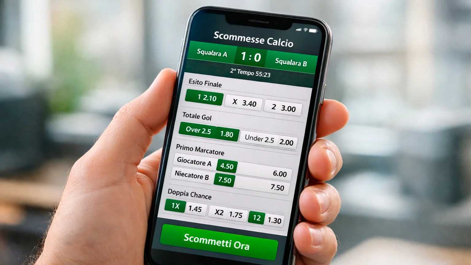 Mano che tiene uno smartphone con app di scommesse sportive