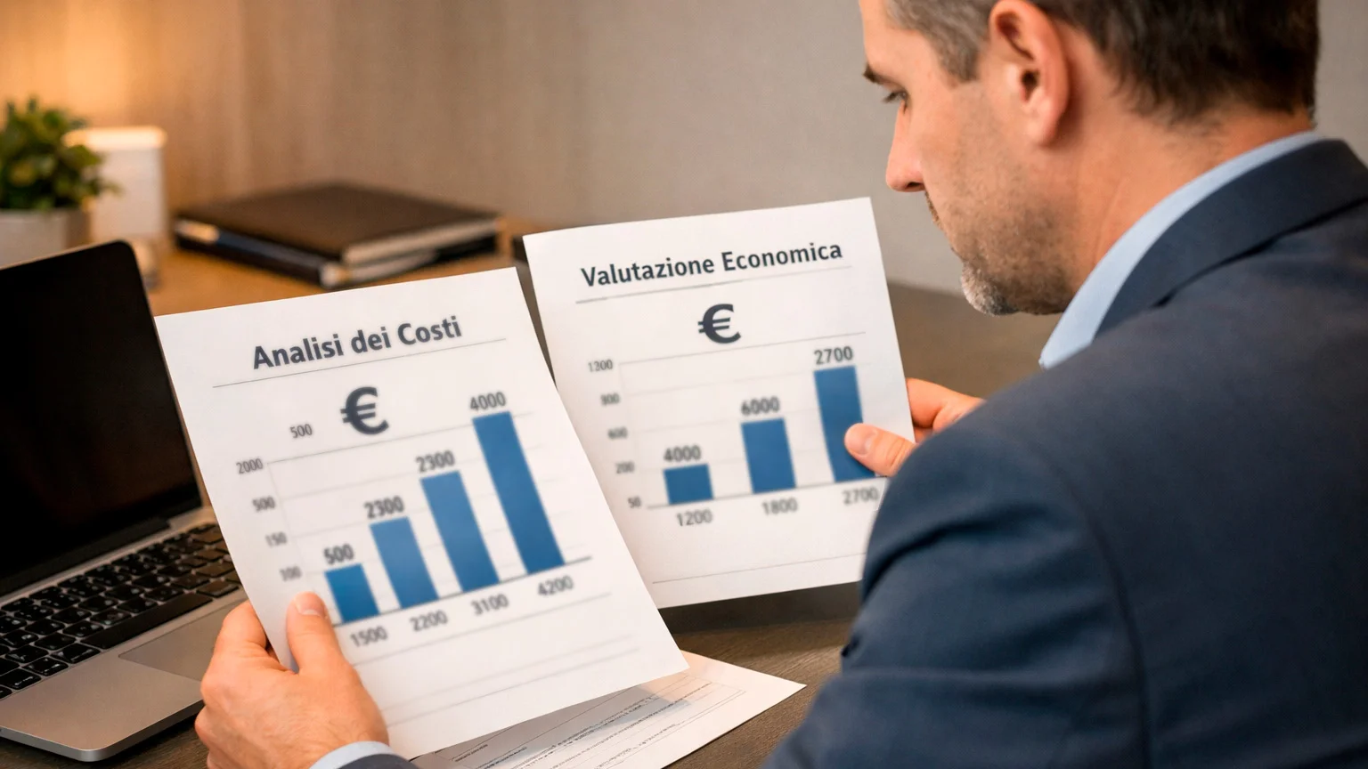 Persona analizza documenti con simboli euro su scrivania