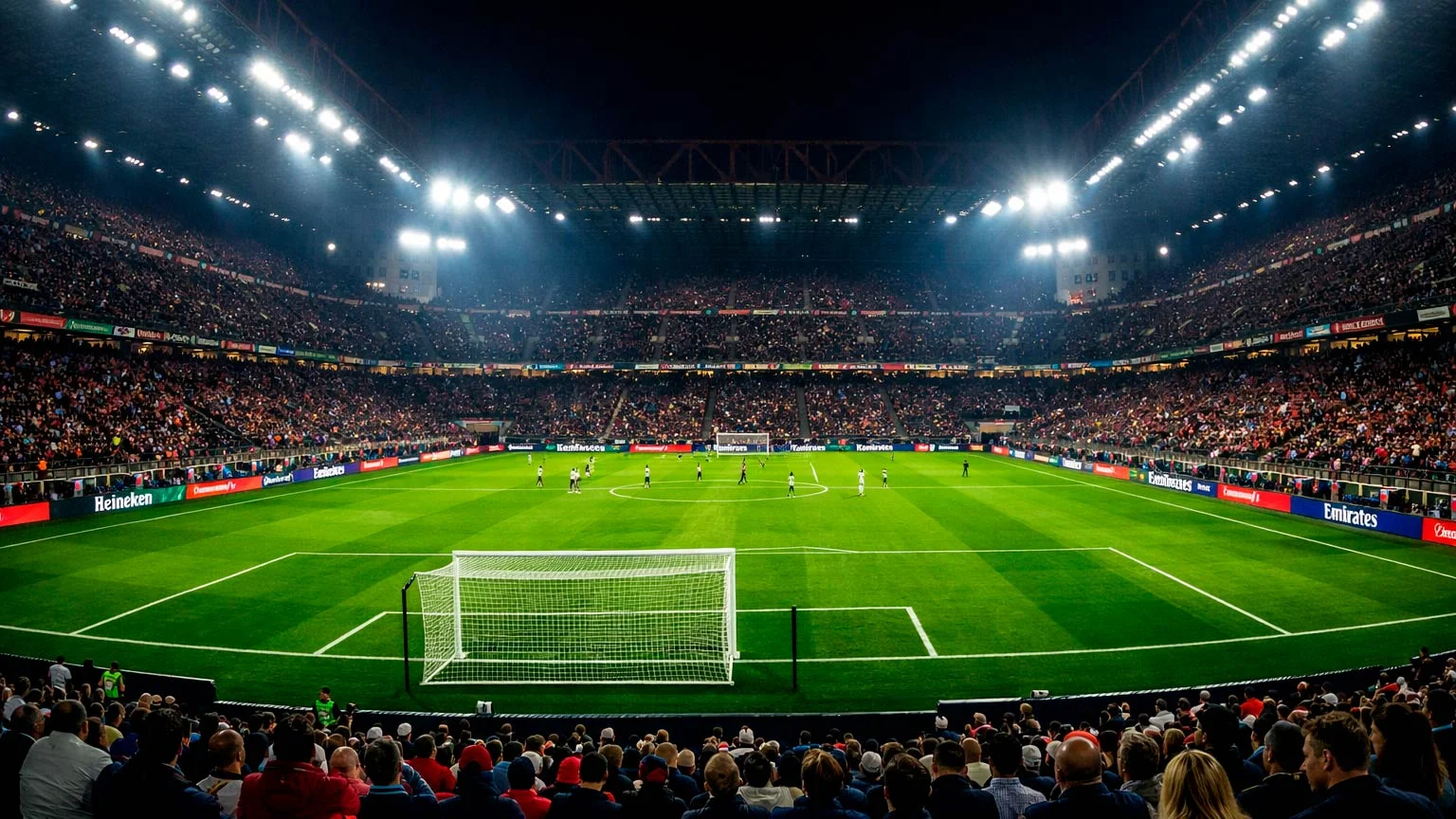 Stadio di calcio illuminato durante partita serale di Serie A
