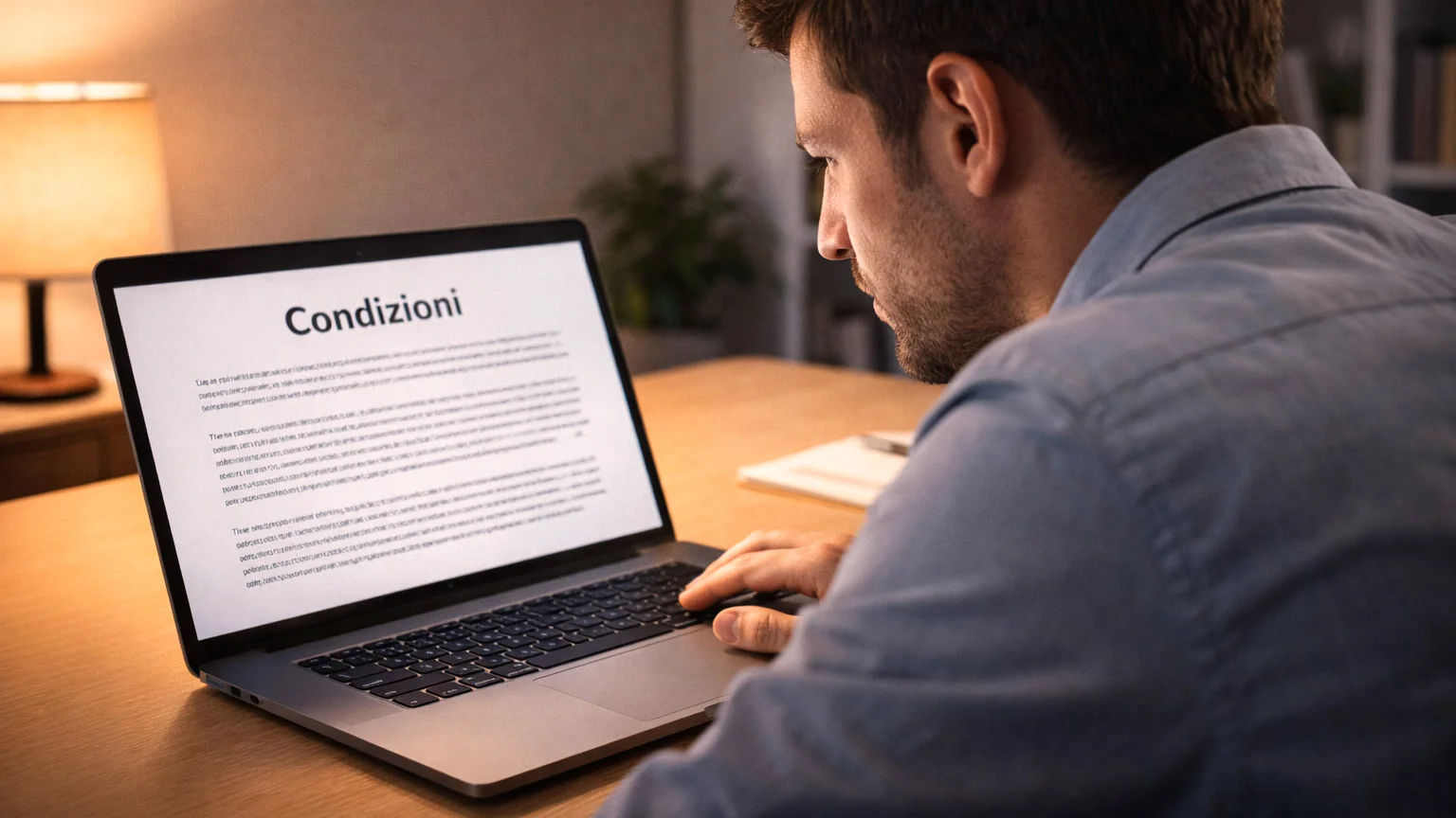 Uomo concentrato legge termini e condizioni su laptop