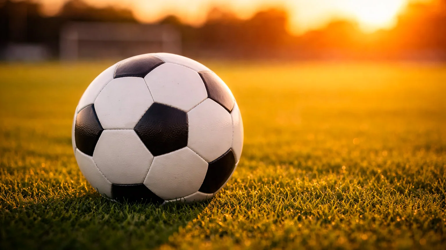 Pallone da calcio su campo verde con luce del tramonto
