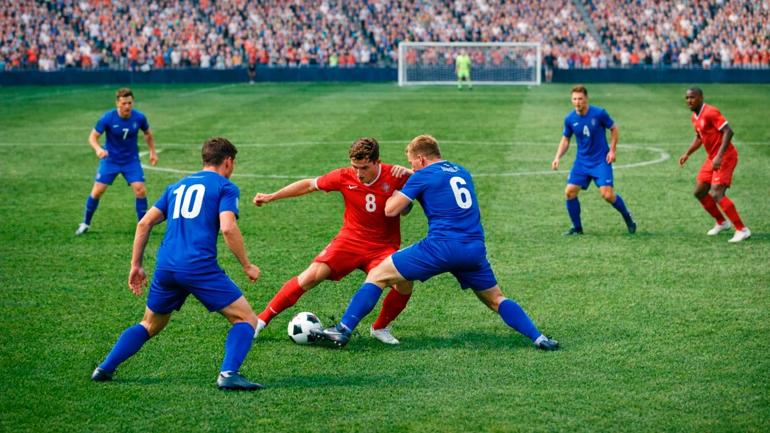 Partita di calcio in corso vista dalla tribuna dello stadio