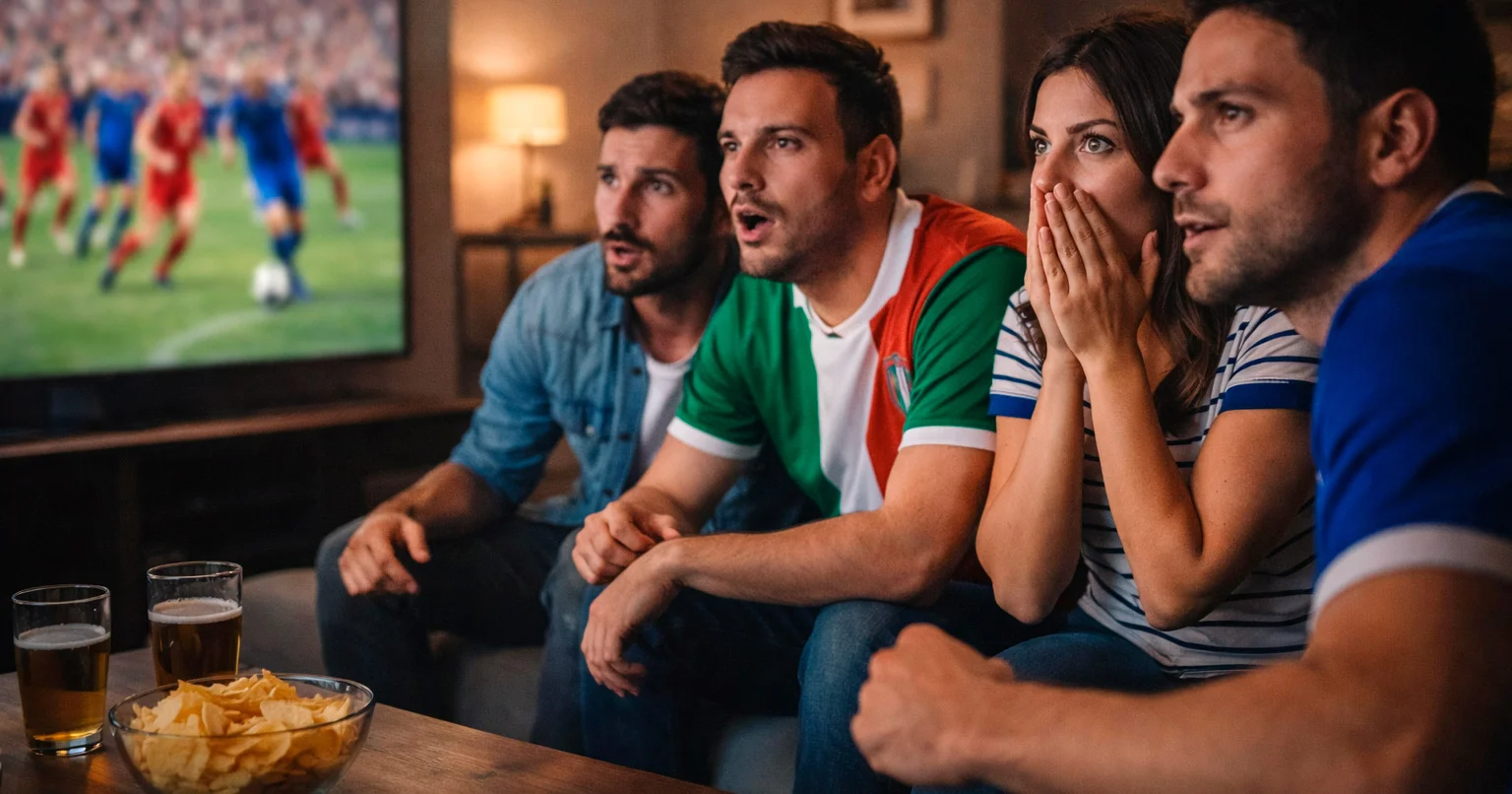 Tifosi guardano partita di calcio in diretta su grande schermo