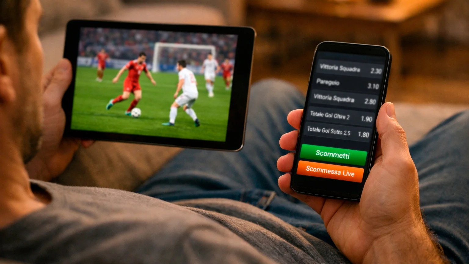 Persona guarda streaming di partita su tablet mentre consulta quote