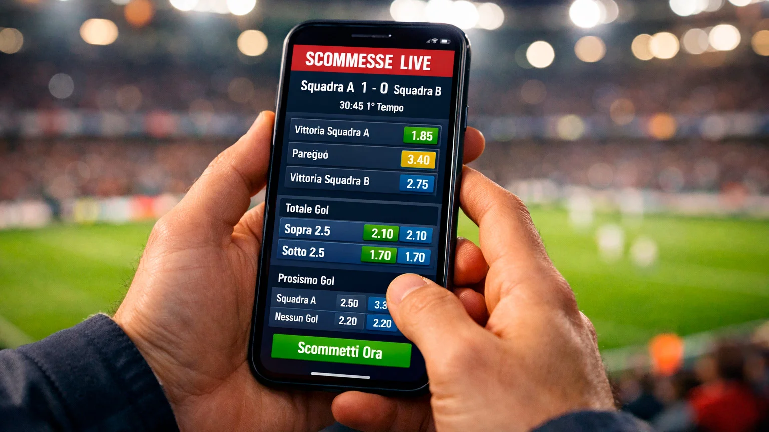 Smartphone con app scommesse live durante partita allo stadio