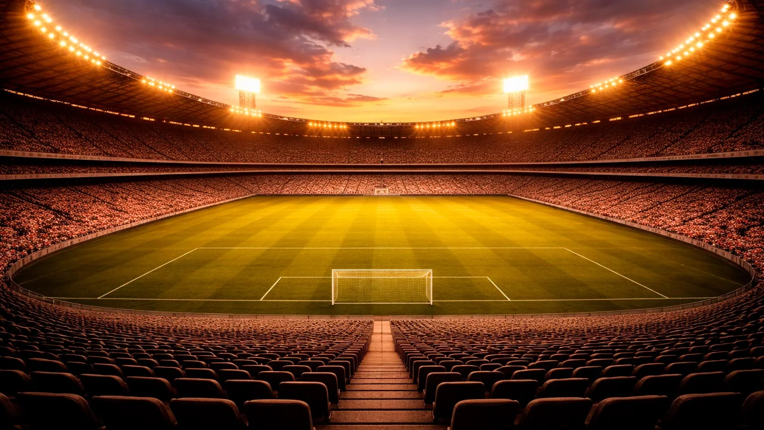 Stadio di calcio al tramonto con luci accese