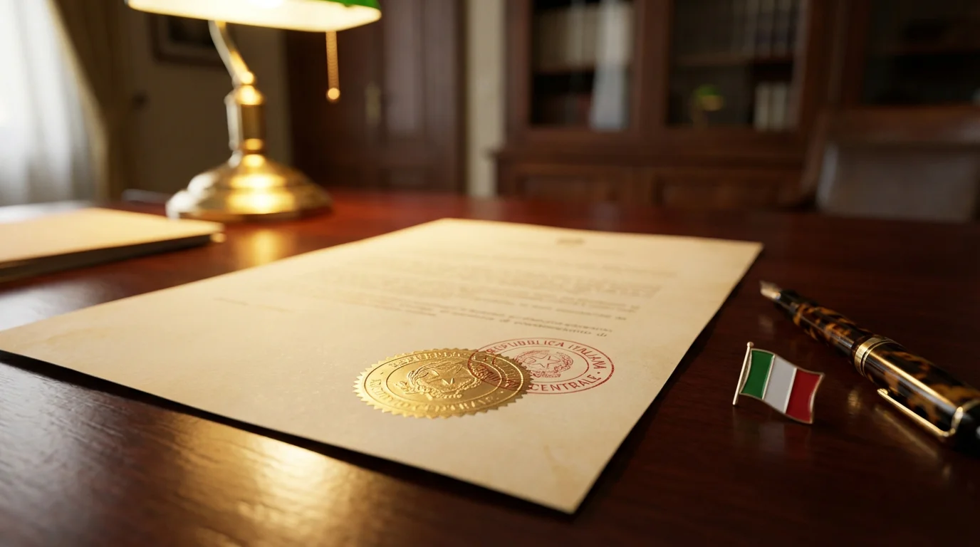 Documento ufficiale con timbro e sigillo su una scrivania in legno sotto luce calda