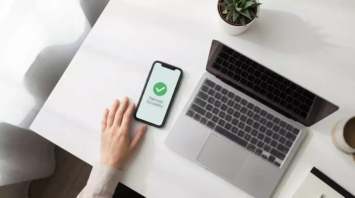 Smartphone con schermata di pagamento digitale accanto a un laptop su una scrivania moderna