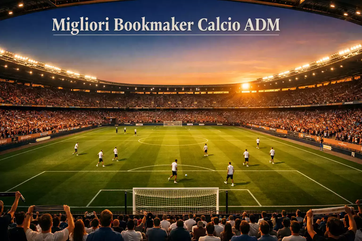 Stadio di calcio italiano illuminato di sera con campo verde e tribune piene di tifosi