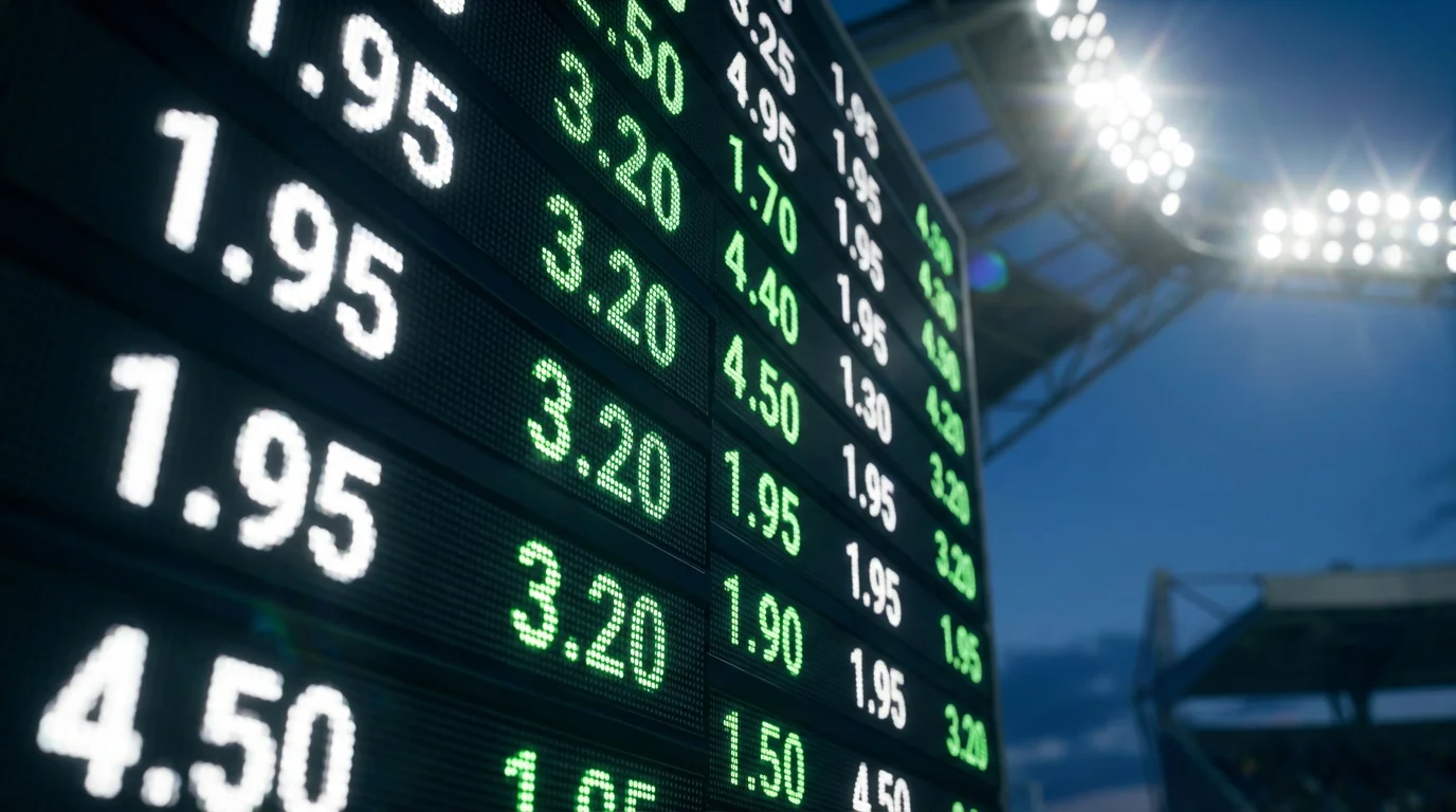 Primo piano di un tabellone quote in uno stadio di calcio con numeri luminosi su sfondo scuro