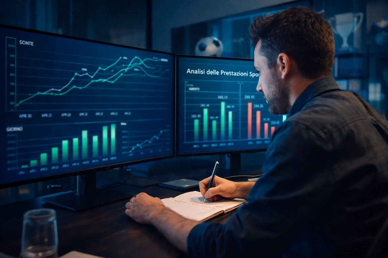 Analista sportivo che studia statistiche calcistiche su schermo con grafici lineari