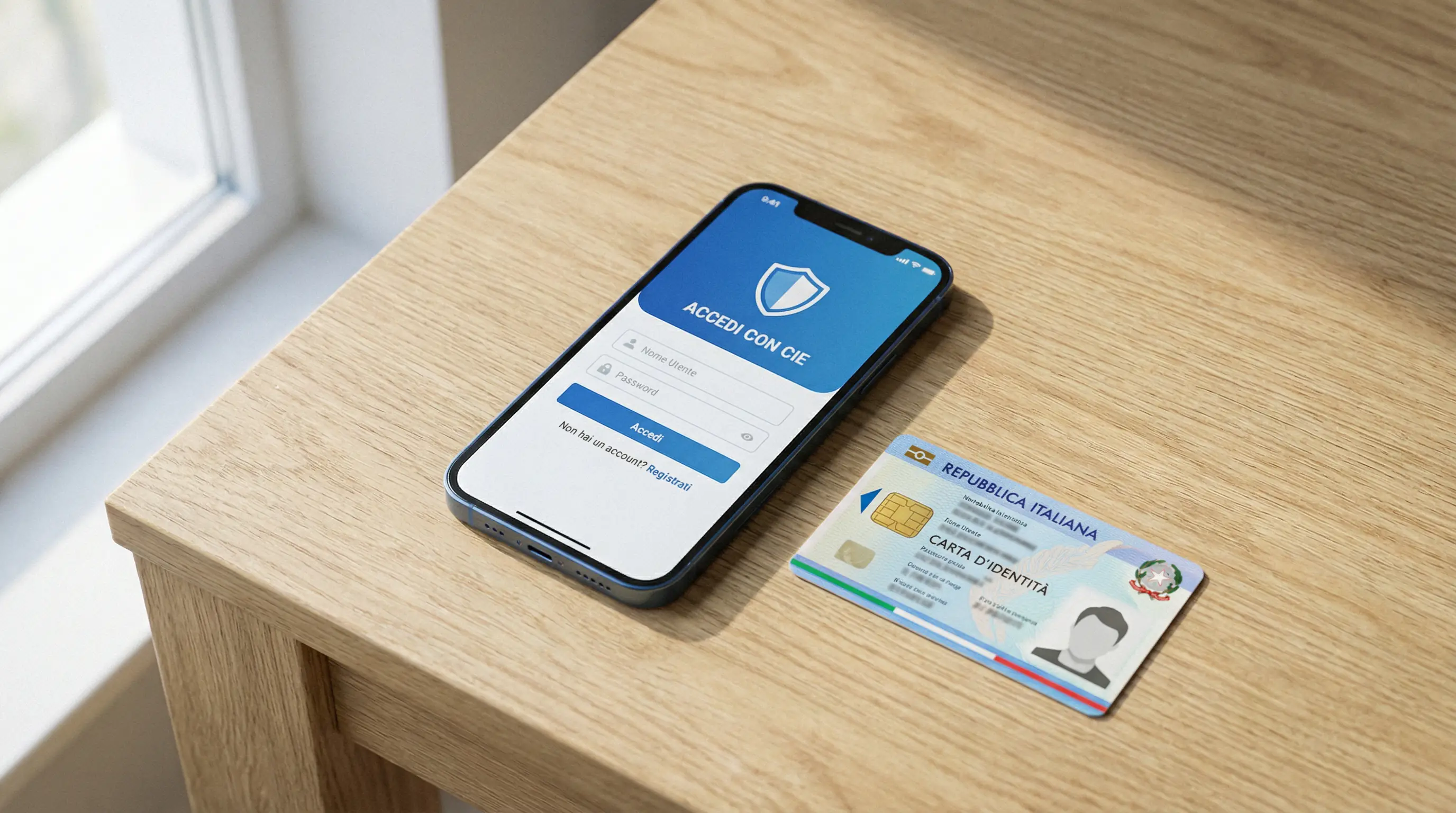 Smartphone con schermata di autenticazione digitale accanto a una carta d'identità elettronica