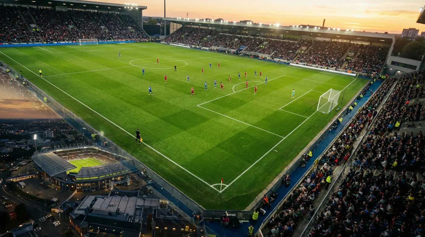 Veduta dall'alto di un campo da calcio in erba naturale durante una partita serale sotto i riflettori