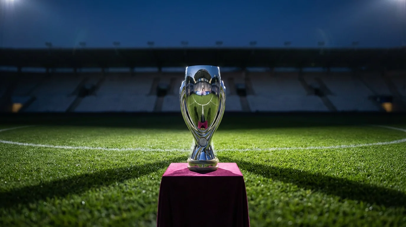 Trofeo di campionato su un piedistallo in mezzo a un campo da calcio vuoto illuminato dai riflettori