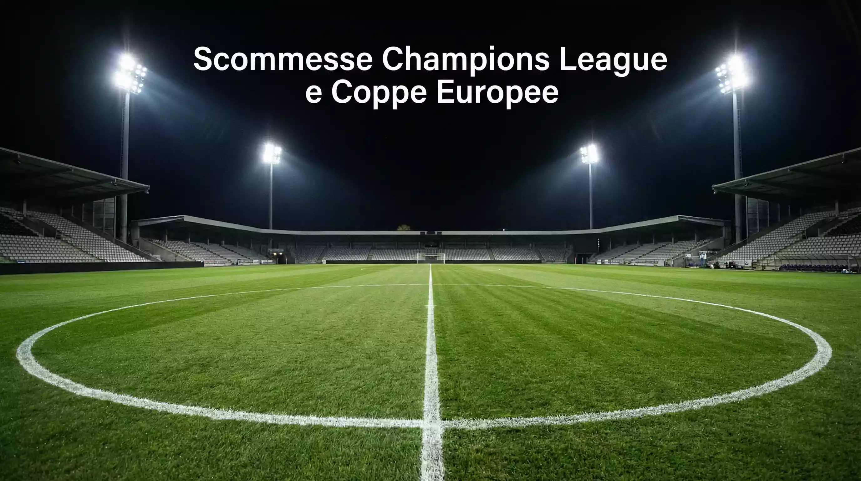 Campo da calcio illuminato di notte con cerchio di centrocampo in primo piano in uno stadio europeo