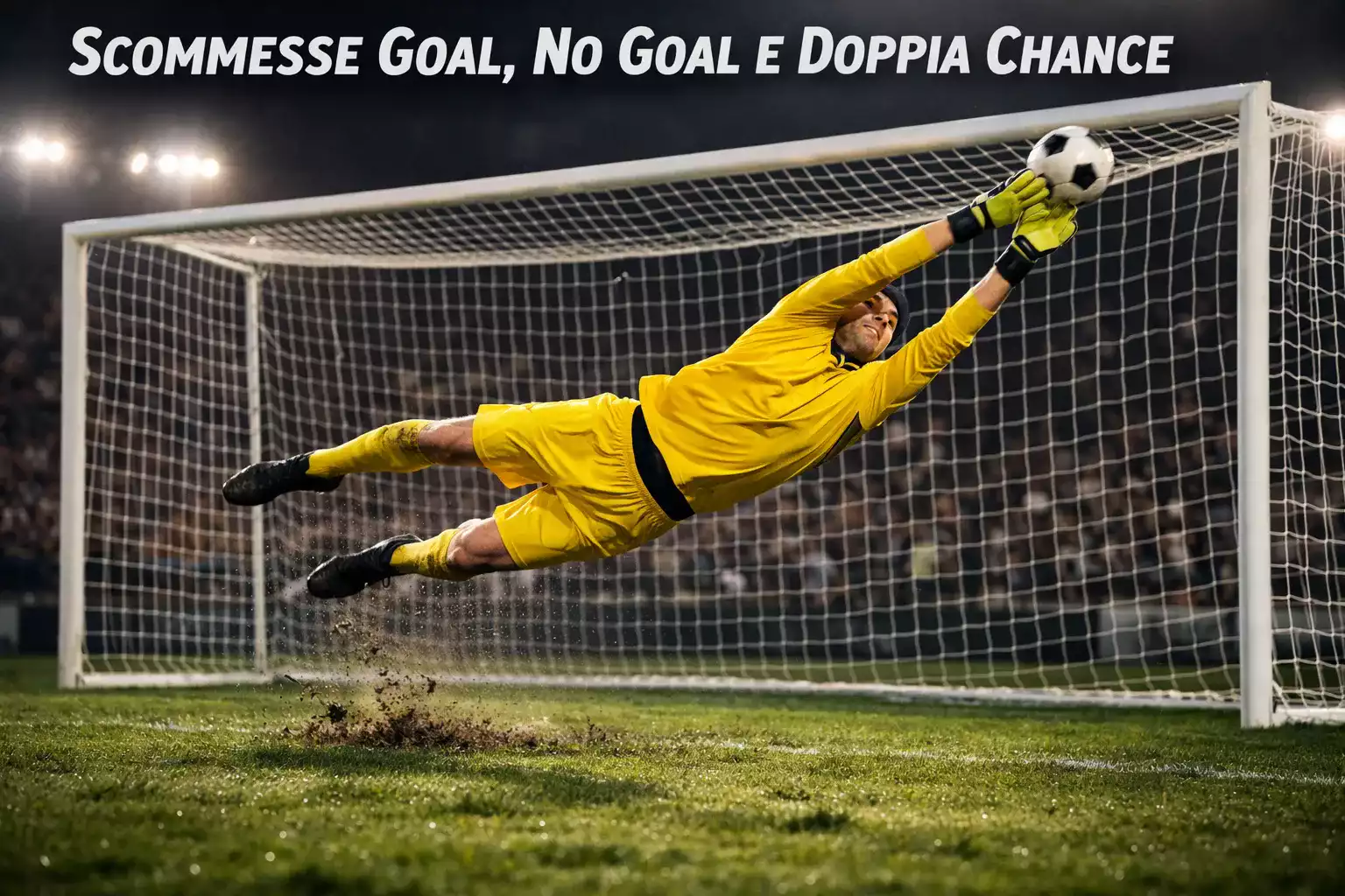 Portiere di calcio in posizione di parata davanti alla porta su campo in erba illuminato