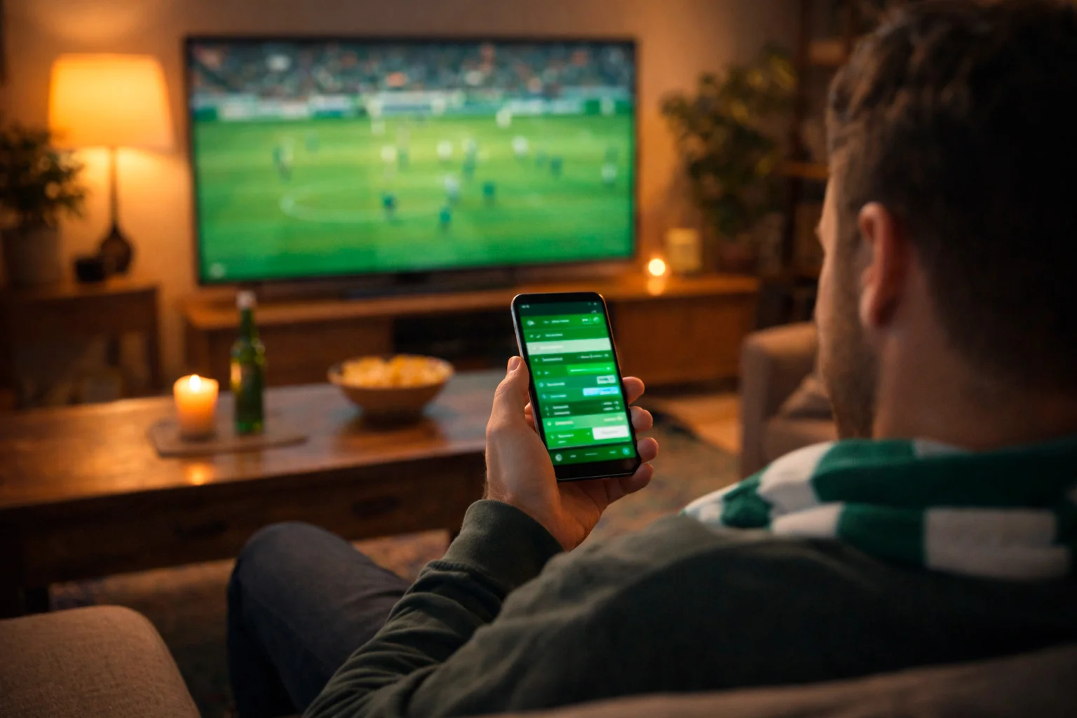 Tifoso che guarda partita di calcio dal vivo su smartphone con campo in background