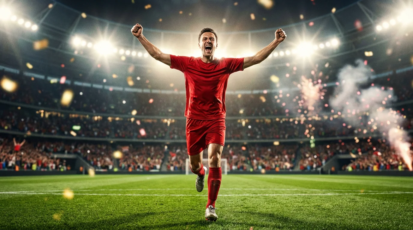 Attaccante di calcio che esulta dopo un gol con le braccia alzate sotto i riflettori dello stadio