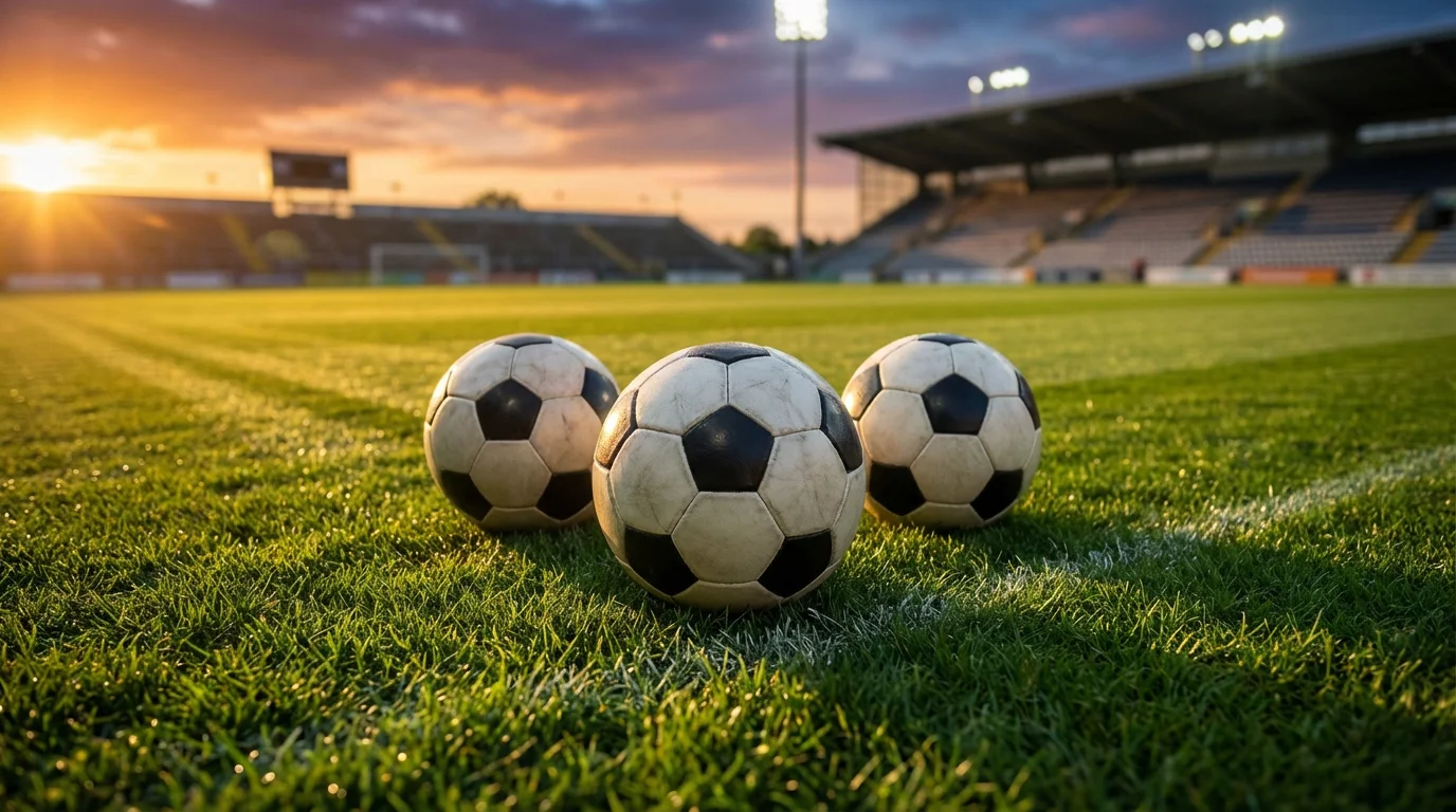 Tre palloni da calcio su un campo in erba con riflettori di stadio sullo sfondo al tramonto