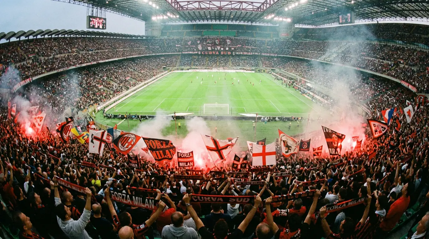 Stadio italiano di Serie A visto dalla curva durante una partita serale con tifosi e bandiere