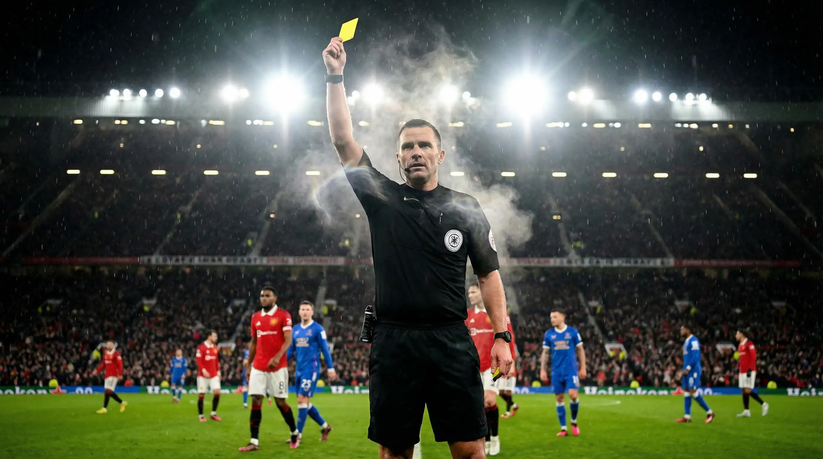 Arbitro di calcio che mostra un cartellino giallo durante una partita su campo in erba