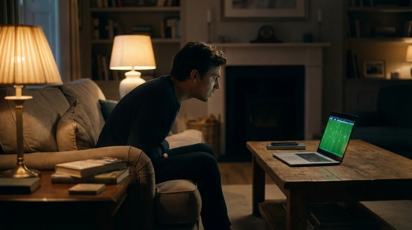 Persona che guarda una partita di calcio in streaming su un laptop in salotto la sera