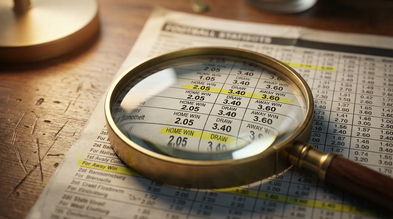 Lente di ingrandimento appoggiata su un foglio con quote e statistiche di calcio